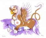  avian beak breasts female gryphon hair nipples nude plain_background snowy_dragon solo tail white_background white_hair wings 