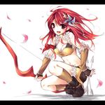  arrow bad_id bad_pixiv_id blush bow_(weapon) breasts cleavage crop_top fingerless_gloves gloves hair_ornament hand_on_hip long_hair medium_breasts midriff navel open_mouth pinwheel ragnarok_online red_eyes red_hair sniper_(ragnarok_online) solo sorai_shin'ya weapon 