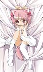  absurdres animal_ears armpits bad_id bad_pixiv_id bdsm blush bondage bound bound_arms bow dog_ears dress hair_bow highres kaname_madoka kemonomimi_mode mahou_shoujo_madoka_magica panties pantyshot pink_eyes pink_hair sakuraba_hikaru_(loveindog) short_hair short_twintails solo striped striped_panties tail tears thighhighs twintails underwear white_legwear 