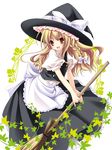  :d apron bare_arms blonde_hair bow braid broom brown_eyes dress hair_ribbon happy hat kirisame_marisa leaf long_hair open_mouth plant ribbon sakura_rio smile solo touhou vest vines witch witch_hat 