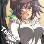  :d alternate_costume alternate_hairstyle bare_shoulders bespectacled black_hair black_wings breasts casual contemporary glasses hat iwanori kaenbyou_rin kaenbyou_rin_(cat) large_breasts open_mouth pink_eyes reiuji_utsuho smile solo touhou upper_body wings 