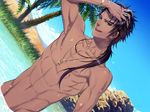  1boy abs black_hair bracelet chest cross earrings green_eyes hakim jewelry long_hair male male_focus muscle nature necklace nessa_no_rakuen outdoors pecs ring rings sky solo source_request tan 