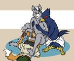  avian beak blue blush canine claws falco_lombardi fingerless_gloves fox fox_mccloud gay grey hud male necklace oral orange star_fox tail tears threesome tongue unknown_artist video_games wolf wolf_o&#039;donnell 