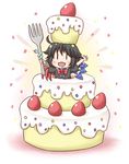  aonagi_ibane asymmetrical_wings black_hair blue_wings cake chibi drooling fang food fork fruit highres houjuu_nue in_food minigirl open_mouth red_wings solo strawberry touhou wings |_| 