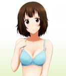  :o alternate_hairstyle aqua_bra blush bra brown_eyes brown_hair hair_down ikari_manatsu k-on! lingerie official_style short_hair simple_background solo suzuki_jun underwear upper_body 