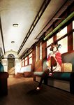  animal_ears bad_id bad_pixiv_id bench black_legwear brown_hair cat_ears chinese_clothes door green_eyes highres instrument leg_lift luggage music open_mouth original shigatsuya singing sitting solo thighhighs train_interior window 