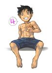  barefoot boy ebitendon full_body male male_focus muscle short shorts simple_background sitting solo spread_legs topless torakichi_(ebitendon) wave waving white_background 