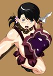  apron armor armpits black_hair blue_eyes boots breasts cattleya curvy donson female flower glasses hair_ornament housewife huge_breasts milf open_mouth polearm ponytail queen&#039;s_blade queen's_blade short_hair sideboob simple_background solo spear sword thighs weapon 