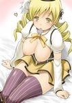  beret blonde_hair breasts condom condom_in_mouth drill_hair fechirin fingerless_gloves gloves hat highres large_breasts magical_girl mahou_shoujo_madoka_magica mouth_hold nipples puffy_sleeves solo thighhighs tomoe_mami twintails yellow_eyes 