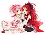  bad_feet bad_hands bad_id bad_pixiv_id blush bow fang food gloves hair_bow kaname_madoka kneehighs long_hair mahou_shoujo_madoka_magica mouth_hold moyakami multiple_girls pink_hair pocky pocky_kiss ponytail red_hair sakura_kyouko shared_food short_hair short_twintails skirt thighhighs twintails yuri zettai_ryouiki 