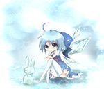  ahoge aqua_eyes bad_id bad_pixiv_id blue_hair bow bunny cirno crossed_arms crossed_legs ice metaru_maccha panties pantyshot pantyshot_(sitting) ribbon sculpture short_hair sitting solo striped striped_panties thighhighs touhou underwear white_legwear wings 