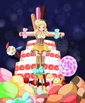  :q absurdres beret blonde_hair boots bow cake candy charlotte_(madoka_magica) crucifixion detached_sleeves drill_hair fingerless_gloves food gloves hair_ornament hat highres lollipop magical_girl mahou_shoujo_madoka_magica pocky puffy_sleeves striped striped_legwear thighhighs tomoe_mami tongue tongue_out vertical-striped_legwear vertical_stripes witch's_labyrinth yellow_eyes 