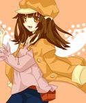  bakemonogatari brown_eyes brown_hair cabbie_hat hat jacket_on_shoulders monogatari_(series) narina sengoku_nadeko short_hair solo 