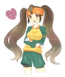  blush breasts brown_eyes brown_hair crossed_arms endou_mamoru female genderswap headband inazuma_eleven inazuma_eleven_(series) large_breasts long_hair open_mouth pixiv_thumbnail resized simple_background smile soccer_uniform solo sportswear twintails white_background 