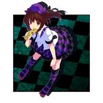  bad_id bad_pixiv_id bow brown_eyes brown_hair cellphone cellphone_camera checkered checkered_floor checkered_skirt covering_mouth geta hand_on_own_knee hat highres himekaidou_hatate phone shirt skirt smile solo touhou tsuttsu twintails white_shirt 