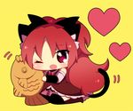  animal_ears blush boots bow cat_ears cat_tail cheek_press chibi fang food hair_bow heart kemonomimi_mode long_hair mahou_shoujo_madoka_magica nasa_yu one_eye_closed ponytail red_eyes red_hair sakura_kyouko seiza sitting skirt solo tail taiyaki thighhighs very_long_hair wagashi 