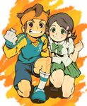  1girl brown_hair endou_mamoru green_eyes green_hair grin headband inazuma_eleven inazuma_eleven_(series) kino_aki school_uniform smile usikani 