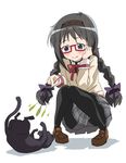  akemi_homura amy_(madoka_magica) bad_id bad_pixiv_id black_hair black_legwear blue_eyes blush braid cat cat_teaser chin_rest glasses hairband knees_together_feet_apart leizero long_hair mahou_shoujo_madoka_magica mitakihara_school_uniform panties panties_under_pantyhose pantyhose red-framed_eyewear school_uniform semi-rimless_eyewear smile spoilers squatting twin_braids under-rim_eyewear underwear 