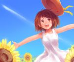  :d a-ka brown_eyes brown_hair dress face flower happy hat open_mouth outstretched_arms short_hair smile solo spread_arms sundress sunflower suzumiya_haruhi suzumiya_haruhi_no_yuuutsu 