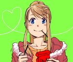  bad_id bad_pixiv_id blonde_hair blue_eyes face food fullmetal_alchemist green_background heart heart_of_string mouth_hold nishio_haruaki pocky ponytail sketch smile solo winry_rockbell 
