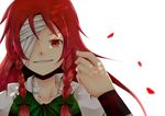  bad_id bad_pixiv_id bandage_over_one_eye bandages bow braid hair_bow hong_meiling huleito long_hair no_hat no_headwear one_eye_covered open_mouth red_eyes red_hair smile solo touhou twin_braids wristband 