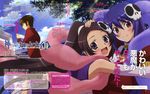  2girls :d absurdres black_hair brown_hair comptiq elysia_de_lute_ima hair_ornament hand_on_another's_head handheld_game_console haqua_d'rot_herminium highres igari_takashi kami_nomi_zo_shiru_sekai katsuragi_keima kawamura_toshie long_hair magazine_scan multiple_girls official_art open_mouth playstation_portable ponytail purple_eyes purple_hair red_eyes scan school_uniform skull_hair_ornament smile 