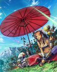  ahoge arrow bad_id bad_pixiv_id bandages bare_shoulders blue_sky breasts brown_eyes cherry_blossoms cleavage cloud day dutch_angle flower gourd hair_ornament iceojin indian_style jar jewelry long_hair medium_breasts midriff mountain mouth_hold multicolored_hair navel necklace oriental_umbrella parasol pixiv_fantasia pixiv_fantasia_5 planted_arrow ponytail red_hair sandals scar sidelocks sitting sky stalk_in_mouth umbrella vase 