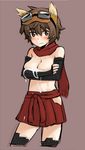  animal_ears blush brown_eyes brown_hair chikiso goggles katou_keiko scarf skirt solo sweatdrop thighhighs topless world_witches_series 