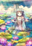  absurdres bare_shoulders choker cloud colorful dress flower frog glowing hair_flower hair_ornament hair_twirling hand_in_hair highres long_hair lotus namaru_(summer_dandy) obi original sash silver_hair smile solo sunlight tree two_side_up very_long_hair wading water 