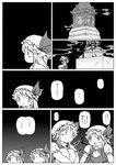  2girls ascot clock clock_tower comic flandre_scarlet four_of_a_kind_(touhou) greyscale monochrome multiple_girls multiple_persona touhou tower translated 