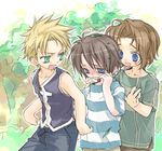  blonde_hair blue_eyes brown_hair collarbone final_fantasy final_fantasy_viii green_eyes irvine_kinneas male_focus multiple_boys open_mouth seifer_almasy shirt sleeveless sleeveless_shirt squall_leonhart tears toujou_sakana younger 