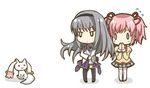  2girls akemi_homura black_hair chibi gun hairband handgun kaname_madoka kyubey long_hair magical_girl mahou_shoujo_madoka_magica mitakihara_school_uniform multiple_girls pantyhose pink_hair pistol school_uniform shield short_hair simple_background tin_lamp twintails weapon 