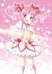  absurdres bad_id bad_pixiv_id blush bow_(weapon) choker gloves hair_ribbon highres kaname_madoka kneehighs light mahou_shoujo_madoka_magica open_mouth pink_eyes pink_hair puffy_sleeves red_choker ribbon short_twintails smile solo toor_0111 twintails weapon white_gloves white_legwear 