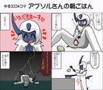  absol anthro blush cooking egg female food frying_pan japanese_text lightning nintendo oviposition pok&#233;mon pok&#233;morph pok&eacute;mon pussy solo text translation_request unknown_artist video_games 