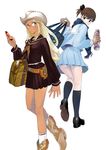  ammi black_serafuku blonde_hair blue_eyes boots cowboy_boots cowboy_hat dark_skin gyaru hat kogal looking_back multiple_girls original school_uniform serafuku short_hair skull socks western 