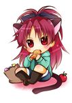  animal_ears apple bad_id bad_pixiv_id bag boots bow cat_ears cat_tail chibi denim denim_shorts eating food fruit fujyosisaikou801 grocery_bag hair_bow kemonomimi_mode long_hair magical_girl mahou_shoujo_madoka_magica ponytail red_eyes red_hair sakura_kyouko shopping_bag shorts sitting solo tail taiyaki wagashi 