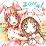  2girls animal_costume animal_ears atelier_(series) atelier_rorona atelier_totori blue_eyes bunny_costume bunny_ears bunnysuit green_hair grey_eyes hug long_hair multiple_girls red_hair rororina_fryxell totooria_helmold voyager_(artist) 