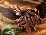  armor black_wings chain chaos_(warhammer) claws genzoman helmet horns male_focus no_humans polearm solo spear staff tzeentch warhammer_40k weapon wings 