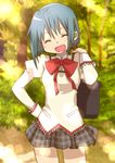  bag blue_hair closed_eyes hair_ornament hairclip head_tilt mahou_shoujo_madoka_magica miki_sayaka mitakihara_school_uniform school_uniform short_hair skirt smile solo tachikochin 