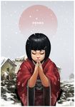  bangs black_hair blunt_bangs bob_cut child closed_eyes copyright_request damaged dcwj dirt flag_background highres japan japanese_clothes japanese_flag kimono praying short_hair snowflakes snowing solo 