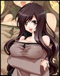  bare_shoulders breasts brown_eyes cleavage erect_nipples female large_breasts long_hair open_mouth original sleeves_past_wrist sleeves_past_wrists smile solo sweater takatsuki_ichi 