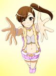  brown_eyes brown_hair foreshortening futami_mami highres idolmaster idolmaster_(classic) idolmaster_2 long_hair navel one_eye_closed reaching side_ponytail solo supuzawa suspenders 