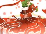  bad_id bad_pixiv_id bow dress flower frills from_behind front_ponytail green_eyes green_hair hair_bow hair_ornament highres kagiyama_hina komine long_hair looking_back pink_flower pink_rose red_dress rose simple_background solo touhou 