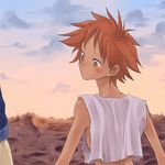  androgynous back bare_shoulders blush cloud cowboy_bebop crop_top edolove edward_wong_hau_pepelu_tivrusky_iv from_behind holding_hands looking_back messy_hair no_bra red_hair shirt short_hair sky sleeveless sleeveless_shirt solo_focus spike_spiegel sunset tan wasteland yellow_eyes 