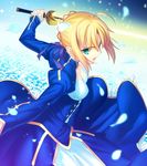  ahoge artoria_pendragon_(all) blonde_hair breasts cleavage cropped excalibur fate/zero fate_(series) glowing glowing_sword glowing_weapon green_eyes medium_breasts petals saber solo sword takeuchi_takashi weapon 