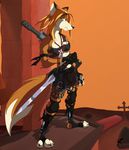  &dagger; 2006 canine clothing female fox gun hair long_hair necklace orange orange_hair retehi rifle rooftop skimpy solo sword vantage_point warrior weapon white 