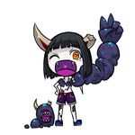  1girl apostle_ache chibi fangs getamped heart heart_in_mouth horns midriff monster_girl pale pale_skin personification samael_(5211) samael_2 shorts simple_background v 