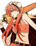  bare_shoulders belt breasts bun_cover cape chinese_clothes closed_umbrella double_bun gintama gloves goggles goggles_on_head kagura_(gintama) long_hair medium_breasts midriff mouth_hold navel neko3 red_eyes red_hair scarf solo timeskip twintails umbrella 