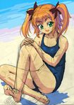  bad_id bad_pixiv_id barefoot beach copyright_request day face feet flat_chest hands kasanui one-piece_swimsuit orange_hair school_swimsuit sketch solo swimsuit toes twintails 