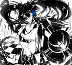  arm_cannon bikini_top black_rock_shooter black_rock_shooter_(character) bouncing_breasts breasts burning_eye chain checkered checkered_floor eyepatch glowing glowing_eye greyscale jacket large_breasts long_hair monochrome potion_(moudamepo) scar shorts solo twintails weapon 